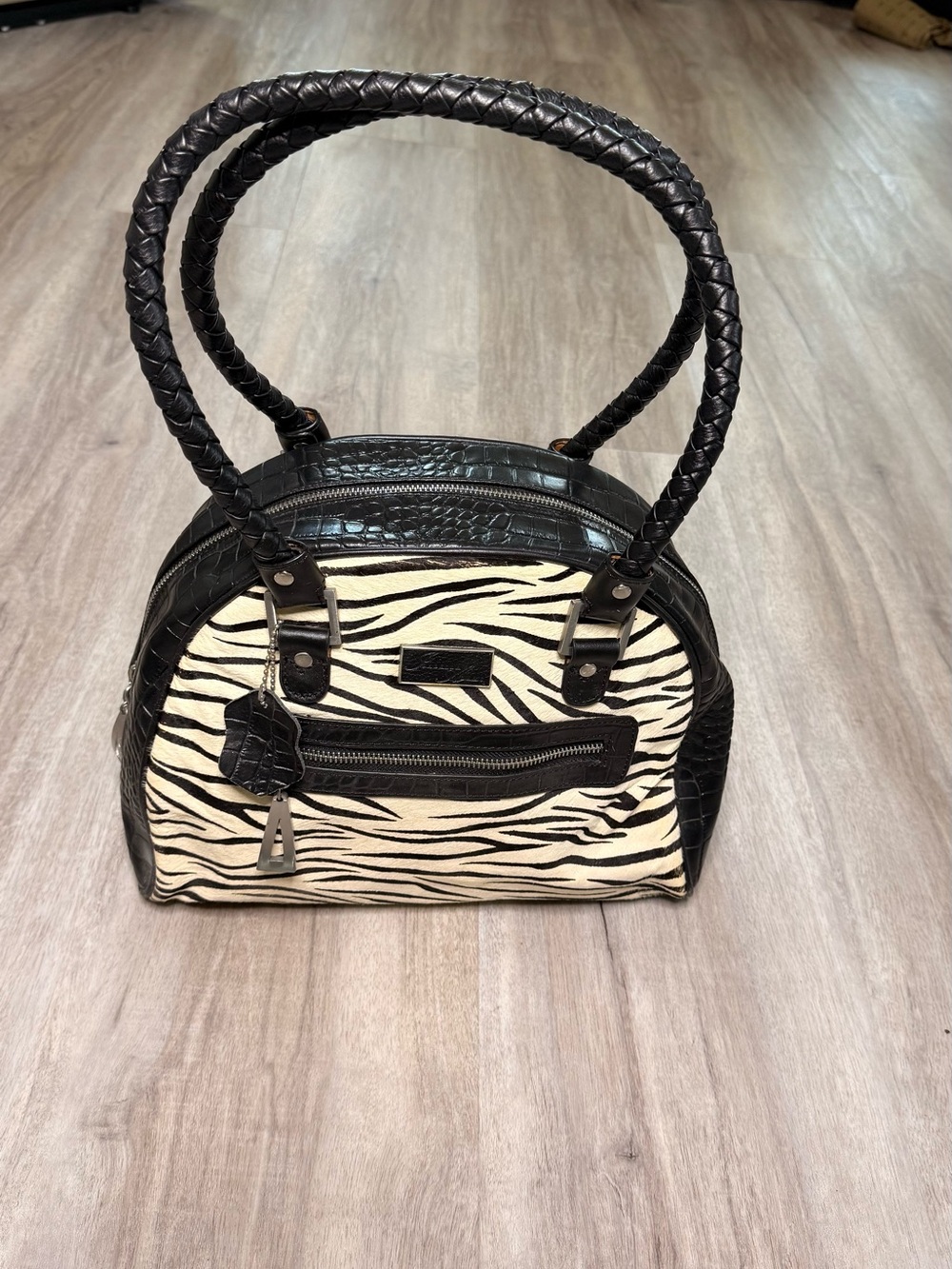 Authentic Isabella Adams Black & White Zebra Print Dome Satchel Bag